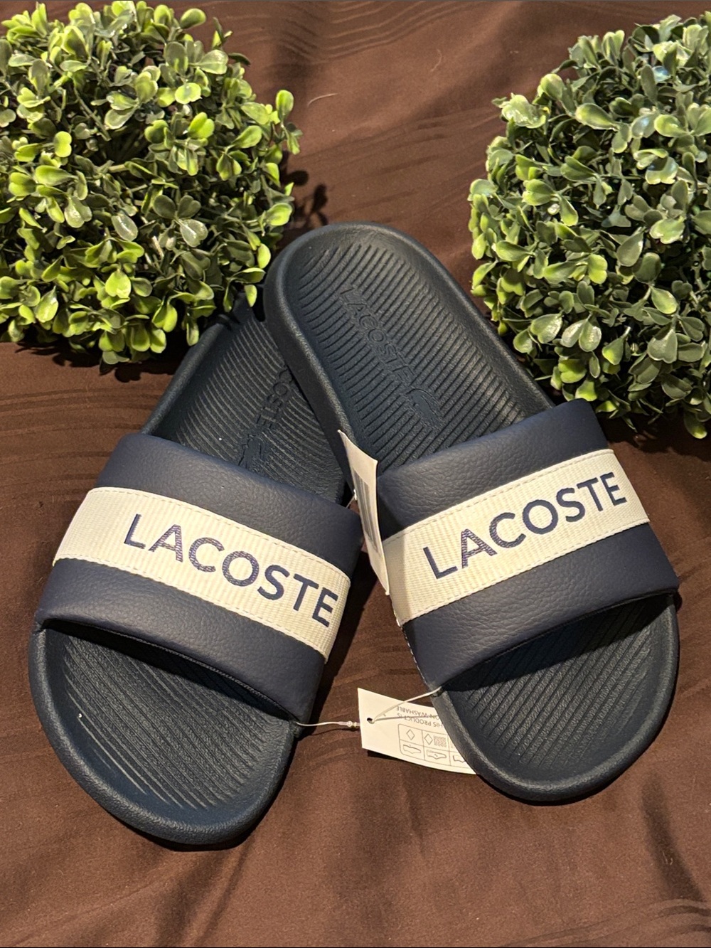 Lacoste Navy and White Slide Sandals with Branded Strap